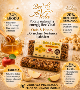 Bee La VIDA zdrowy baton Oats &amp; Honey jabłko i orzechy nerkowca 40g bez dodatku cukru